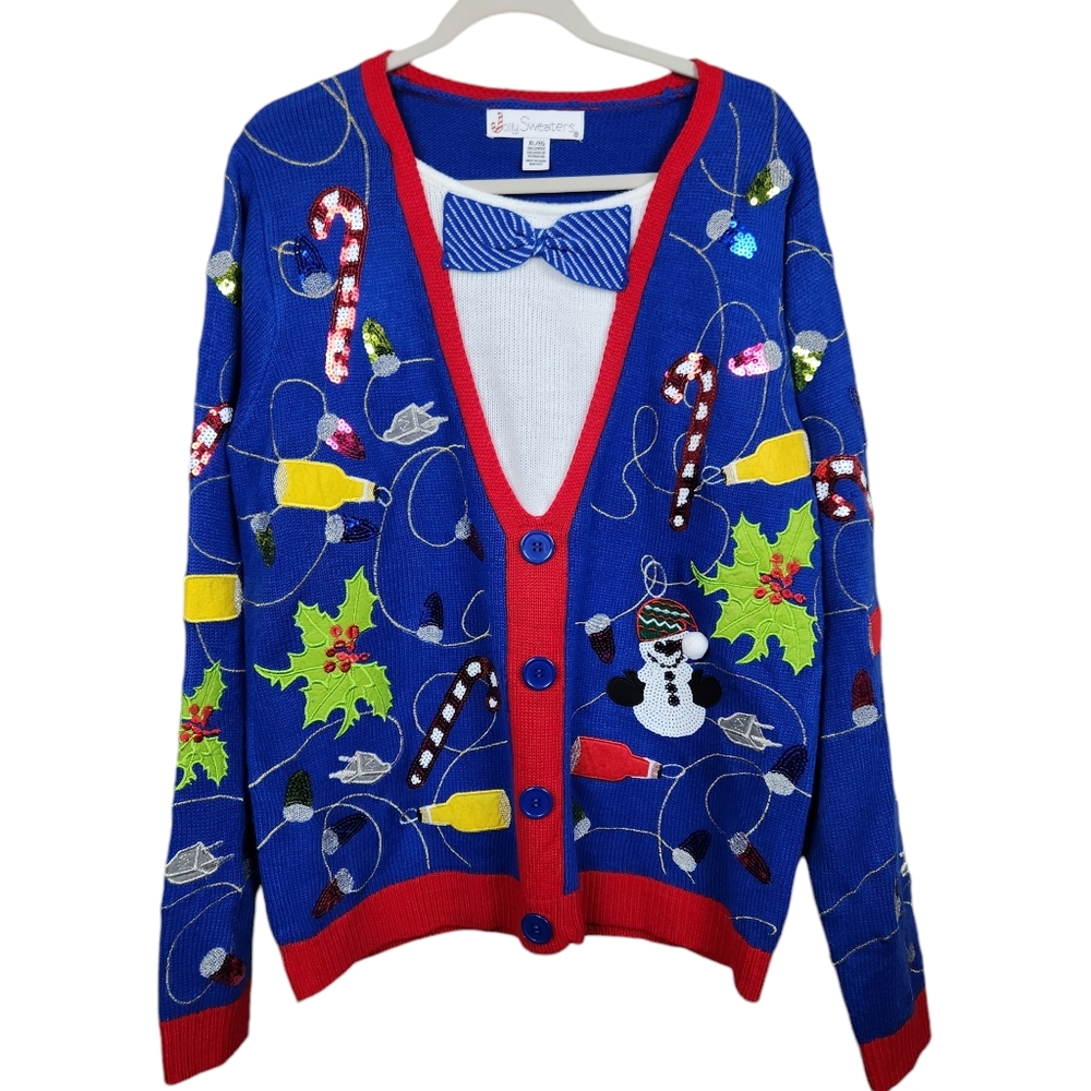 Jolly Sweaters Christmas Sweater UCS Bowtie Fake Cardigan Beer Mens XL